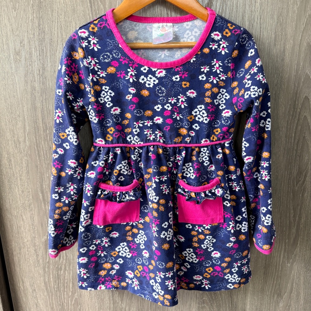Stitchy Fish Floral Pocket Dress Girls 5 Navy Blue Cottagecore Boho Boutique